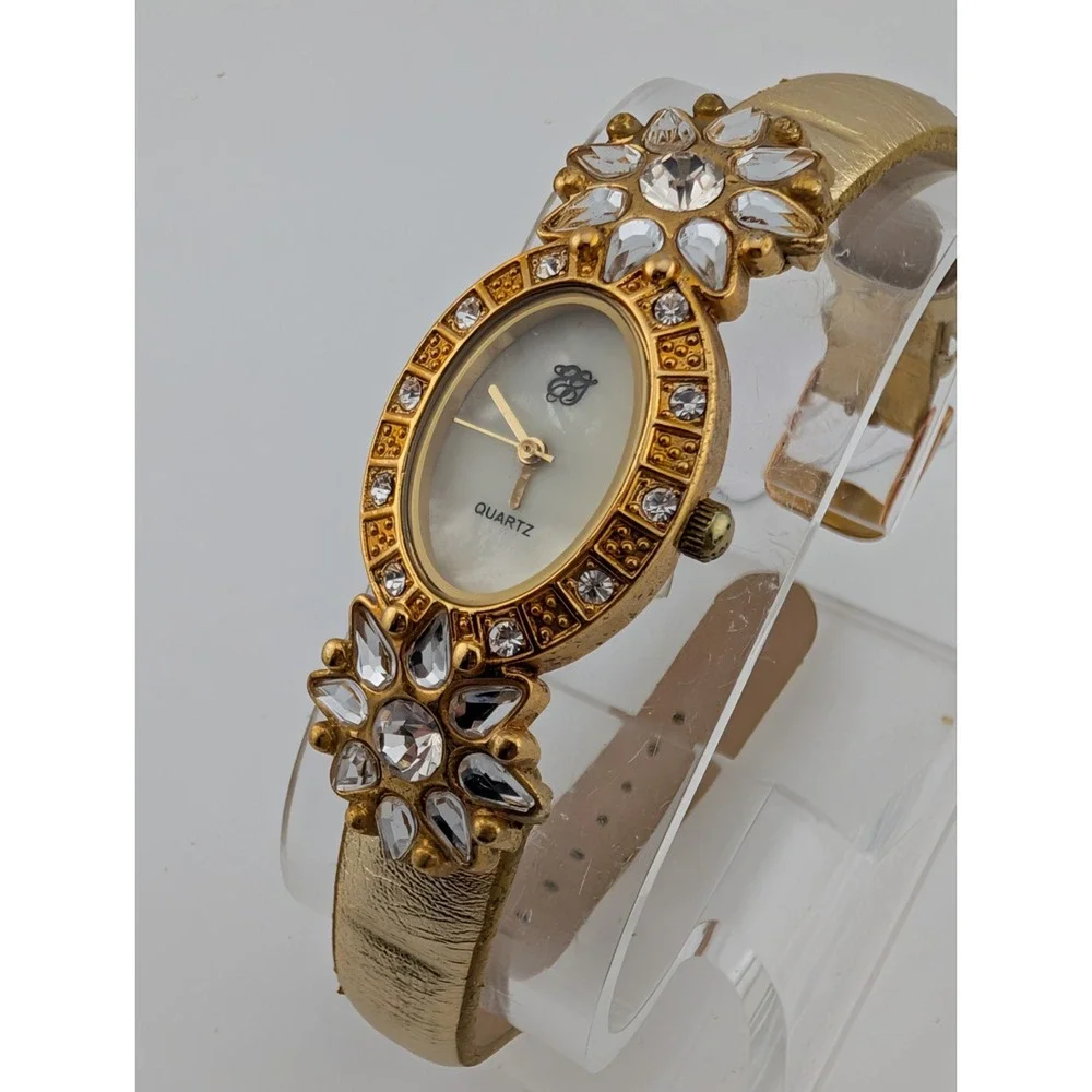 Elizabeth Taylor Rhinestone Watch Women 20mm Case Gold‎ Band- New Battery
